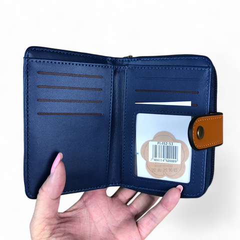 Cotton Road Sling Bag: NAVY/WHITE Striped PVC with TAN Trim and Matching Wallet