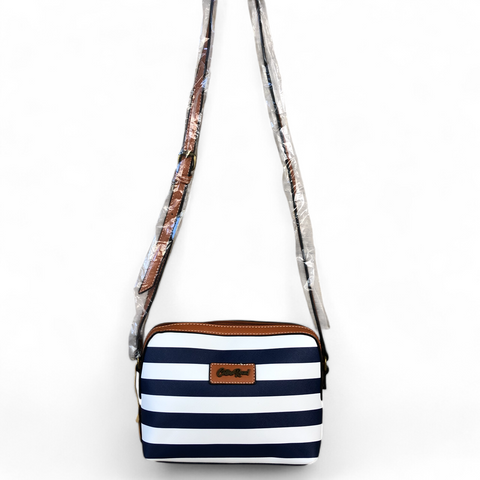 Cotton Road Sling Bag: NAVY/WHITE Striped PVC with TAN Trim and Matching Wallet