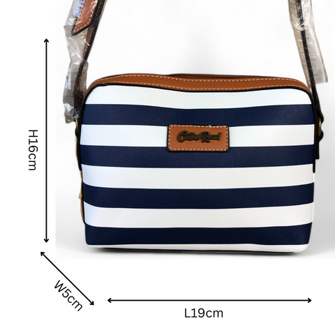Cotton Road Sling Bag: NAVY/WHITE Striped PVC with TAN Trim and Matching Wallet