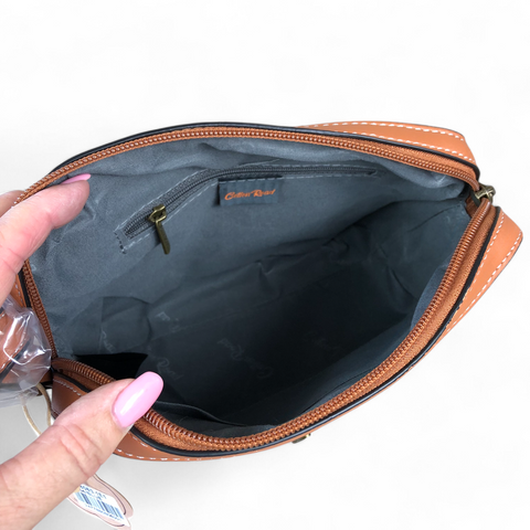 Cotton Road Sling Bag: NAVY/WHITE Striped PVC with TAN Trim and Matching Wallet