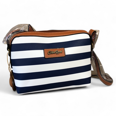 Cotton Road Sling Bag: NAVY/WHITE Striped PVC with TAN Trim and Matching Wallet