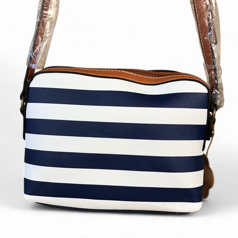 Cotton Road Sling Bag: NAVY/WHITE Striped PVC with TAN Trim and Matching Wallet