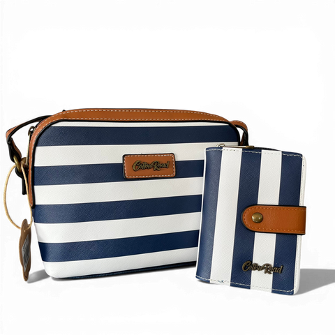 Cotton Road Sling Bag: NAVY/WHITE Striped PVC with TAN Trim and Matching Wallet