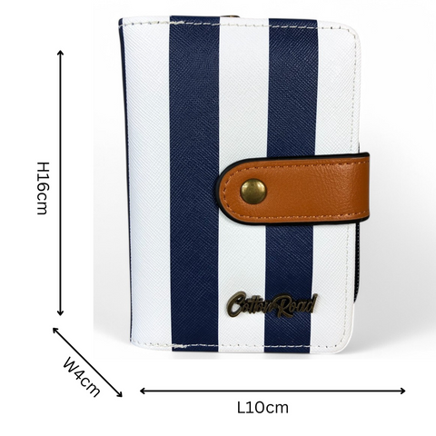 Cotton Road Sling Bag: NAVY/WHITE Striped PVC with TAN Trim and Matching Wallet