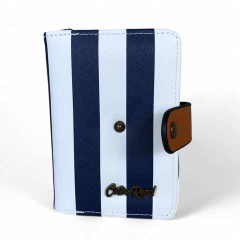 Cotton Road Sling Bag: NAVY/WHITE Striped PVC with TAN Trim and Matching Wallet