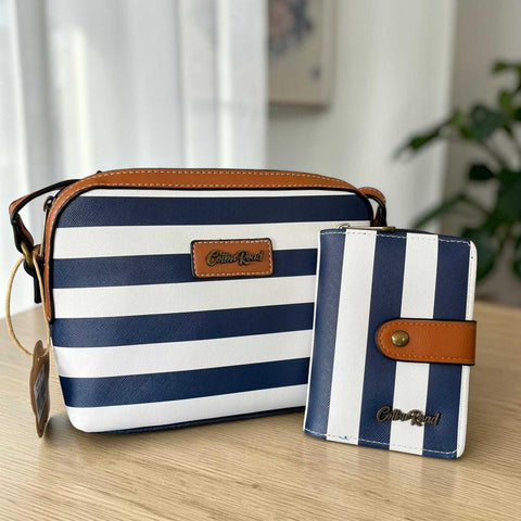 Cotton Road Sling Bag: NAVY/WHITE Striped PVC with TAN Trim and Matching Wallet