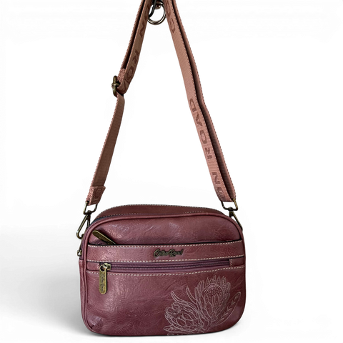 Cotton Road Sling Bag: PINK PROTEA Design PU Leather Crossbody with BRANDED STRAP