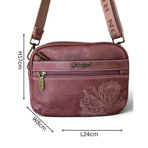 Cotton Road Sling Bag: PINK PROTEA Design PU Leather Crossbody with BRANDED STRAP