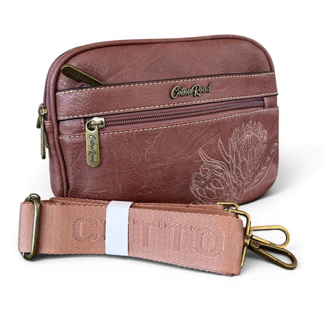 Cotton Road Sling Bag: PINK PROTEA Design PU Leather Crossbody with BRANDED STRAP