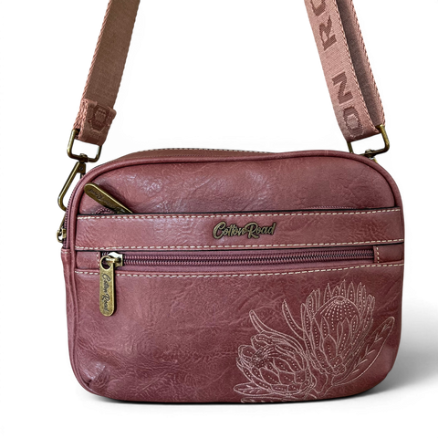 Cotton Road Sling Bag: PINK PROTEA Design PU Leather Crossbody with BRANDED STRAP