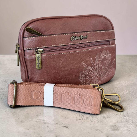 Cotton Road Sling Bag: PINK PROTEA Design PU Leather Crossbody with BRANDED STRAP