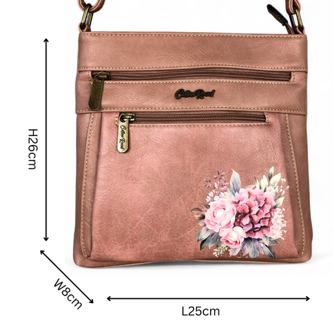 Cotton Road Sling Bag: PINK PU Leather Sling Bag with FLORAL detailing