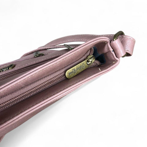 Cotton Road Sling Bag: PINK PU Leather Sling Bag with FLORAL detailing