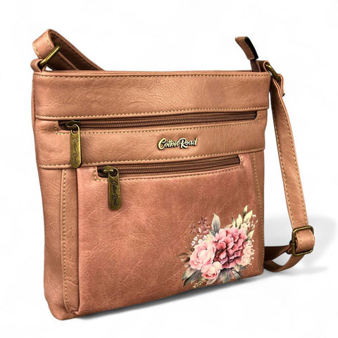 Cotton Road Sling Bag: PINK PU Leather Sling Bag with FLORAL detailing