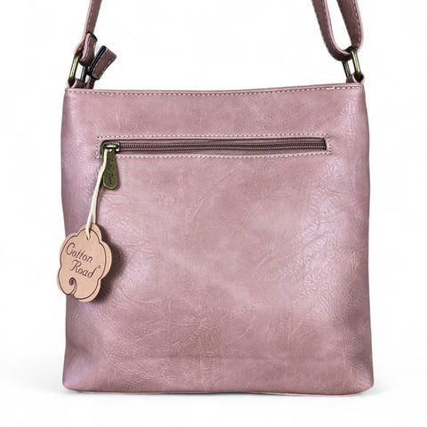 Cotton Road Sling Bag: PINK PU Leather Sling Bag with FLORAL detailing
