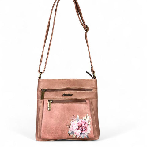 Cotton Road Sling Bag: PINK PU Leather Sling Bag with FLORAL detailing
