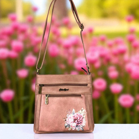 Cotton Road Sling Bag: PINK PU Leather Sling Bag with FLORAL detailing
