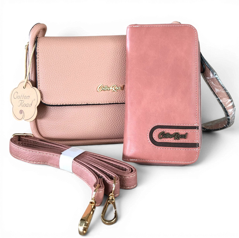 Cotton Road Sling Bag: PINK PU Leather with Shoulder Strap and Matching Wallet