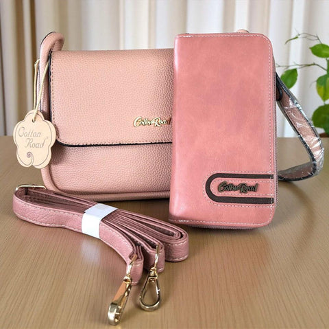Cotton Road Sling Bag: PINK PU Leather with Shoulder Strap and Matching Wallet