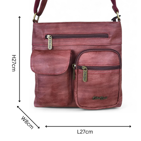 Cotton Road Sling Bag: RED PU Leather Sling Bag with Pockets