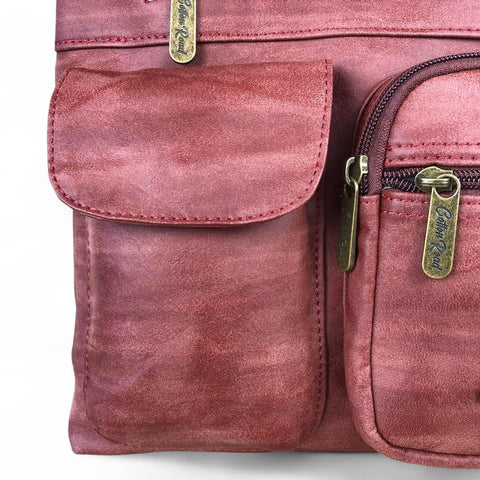 Cotton Road Sling Bag: RED PU Leather Sling Bag with Pockets
