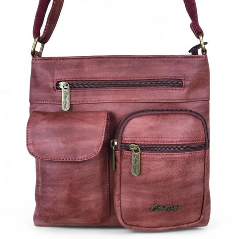 Cotton Road Sling Bag: RED PU Leather Sling Bag with Pockets