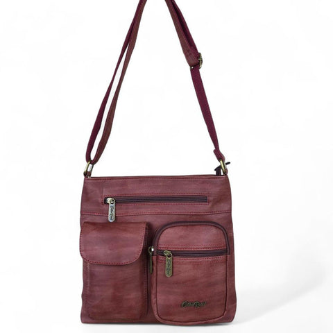 Cotton Road Sling Bag: RED PU Leather Sling Bag with Pockets