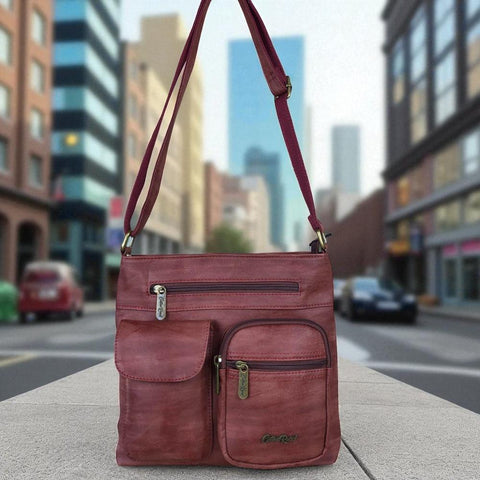 Cotton Road Sling Bag: RED PU Leather Sling Bag with Pockets