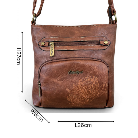 Cotton Road Sling Bag: Stylish BROWN Protea Design PU Leather Crossbody for women