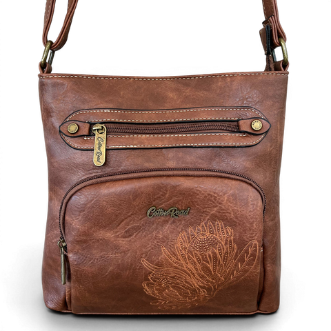 Cotton Road Sling Bag: Stylish BROWN Protea Design PU Leather Crossbody for women