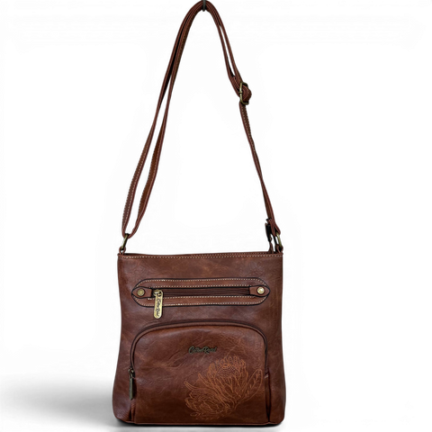 Cotton Road Sling Bag: Stylish BROWN Protea Design PU Leather Crossbody for women