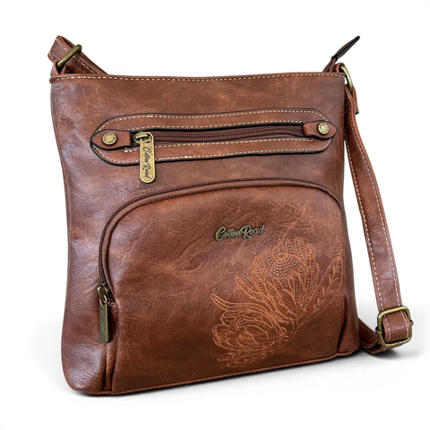 Cotton Road Sling Bag: Stylish BROWN Protea Design PU Leather Crossbody for women