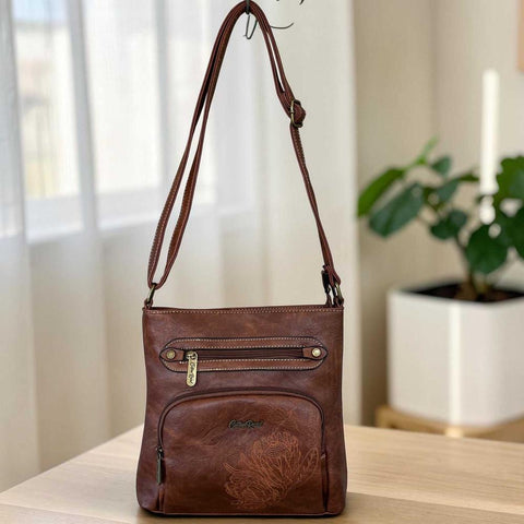 Cotton Road Sling Bag: Stylish BROWN Protea Design PU Leather Crossbody for women