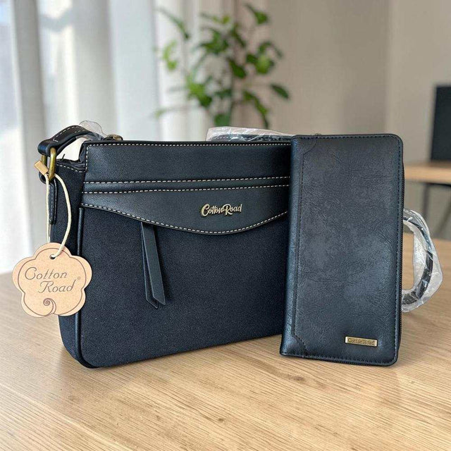 Cotton Road Sling Bag: Stylish Black PU Leather Crossbody with Matching Wallet