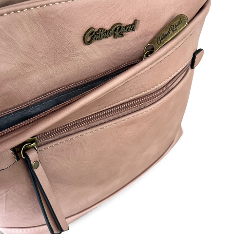 Cotton Road Sling Bag in muted pink PU leather, featuring multiple zip compartments and antique-look branded hardware