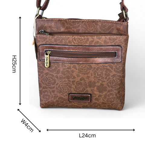 Cotton Road Sling Bag: TAN BROWN FLORAL Printed PU Leather Sling Bag