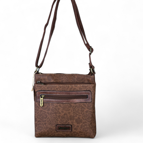 Cotton Road Sling Bag: TAN BROWN FLORAL Printed PU Leather Sling Bag