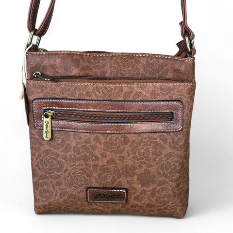 Cotton Road Sling Bag: TAN BROWN FLORAL Printed PU Leather Sling Bag
