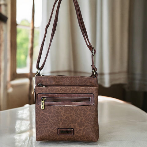 Cotton Road Sling Bag: TAN BROWN FLORAL Printed PU Leather Sling Bag