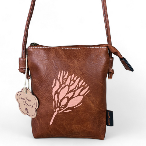 Cotton Road Sling Bag: TAN BROWN PU LEATHER Mini Sling Bag with PROTEA