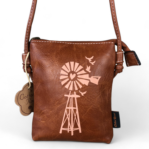 Cotton Road Sling Bag: TAN BROWN PU LEATHER Mini Sling Bag with WINDMILL