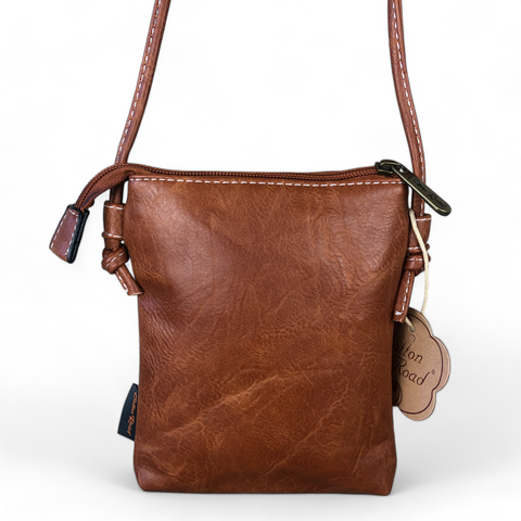 Cotton Road Sling Bag: TAN BROWN PU LEATHER Mini Sling Bag with WINDMILL