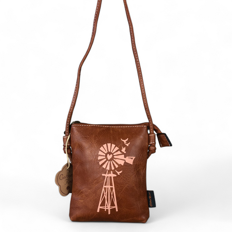 Cotton Road Sling Bag: TAN BROWN PU LEATHER Mini Sling Bag with WINDMILL