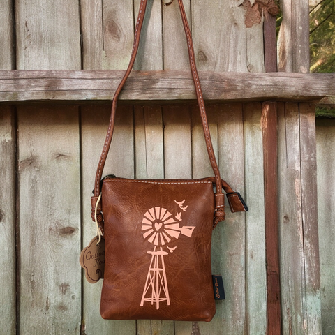 Cotton Road Sling Bag: TAN BROWN PU LEATHER Mini Sling Bag with WINDMILL