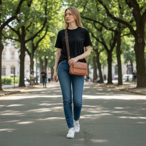 Cotton Road Sling Bag: TAN BROWN PU Leather Sling Bag with BRANDED STRAP