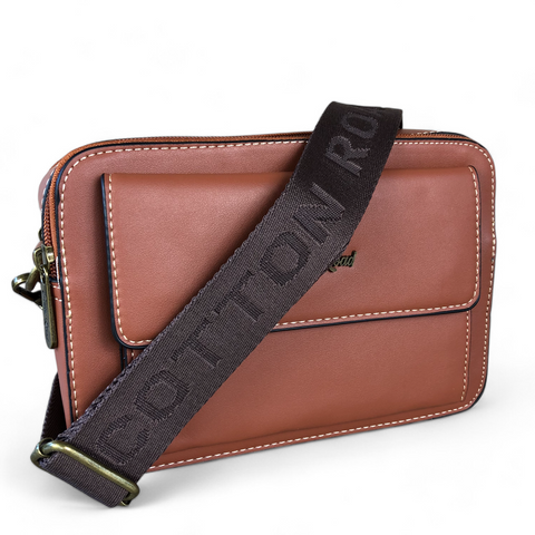 Cotton Road Sling Bag: TAN BROWN PU Leather Sling Bag with BRANDED STRAP