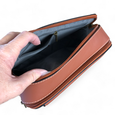 Cotton Road Sling Bag: TAN BROWN PU Leather Sling Bag with BRANDED STRAP