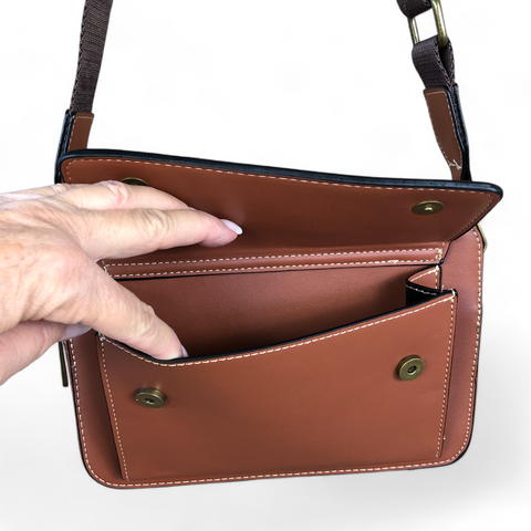 Cotton Road Sling Bag: TAN BROWN PU Leather Sling Bag with BRANDED STRAP