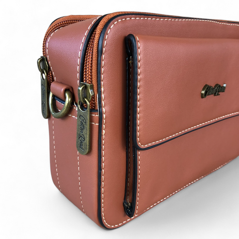 Cotton Road Sling Bag: TAN BROWN PU Leather Sling Bag with BRANDED STRAP