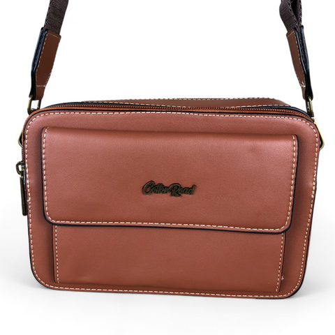 Cotton Road Sling Bag: TAN BROWN PU Leather Sling Bag with BRANDED STRAP